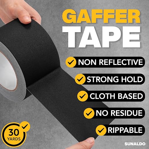 Gaffers Tape Heavy Duty, Easy to Rip, Residue-Free Professional Grade Floor Tape for Electrical Cords, Matte Finish Non Reflective, Weather Resistant (1, Black, 3" x 30 Yards)