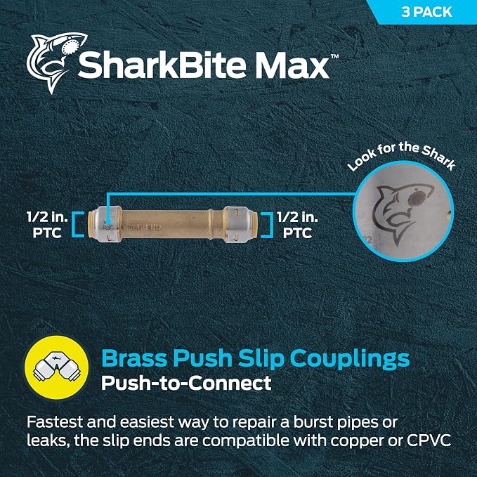 SharkBite Max 1/2 x 1/2 in Slip Coupling, Pack of 3, Push-to-Connect Brass Plumbing Fitting, UR3008