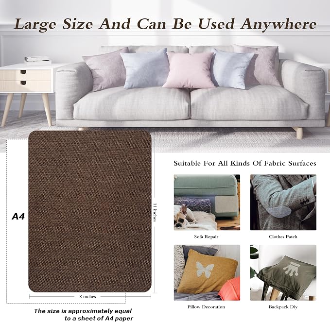 KING MOUNTAIN Coarse Linen Repair Patches, Self-Adhesive Linen Fabric Patches, 8X11 inch 2 PCS, Multi Color, Can be Used for Linen Sofa Repair (8" x 11"-2PCS,Coffee Brown)