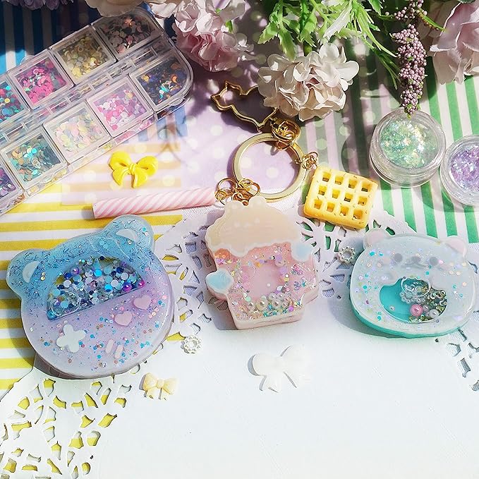 FUNSHOWCASE Epoxy Resin Shaker Molds Set Jewelry Casting Supplies, Bear, Chick, Sheep, Beer Mug, Game Console 5 Silicone Trays with 5 Seal Films, Height 2-2.4inch