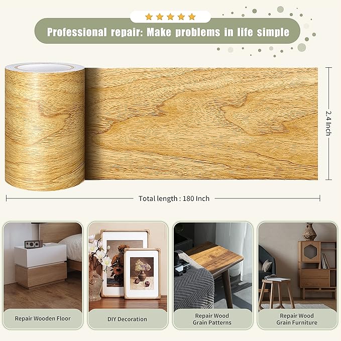 Besezx Wood Grain Repair Tape, 2.4" X15', Self Adhesive Wood Grain Repair Patch for Tables, Chairs, Baseboards, Doors, Windows, Floors, All Kinds of Furniture Renovation, Handicraft DIY. (Natural oak)