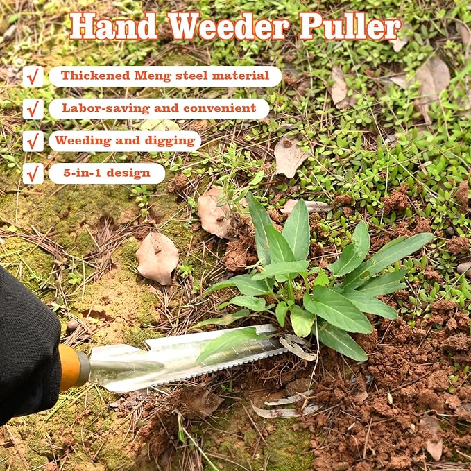 BokingOne 5-in-1 Stainless Steel Hand Weeder Puller Tool & Dandelion Fork Knife - Hand Weed Removal Tool for Weeding, Planting, Transplanting, Soil Cultivating & Flower Care（13.8-inches
