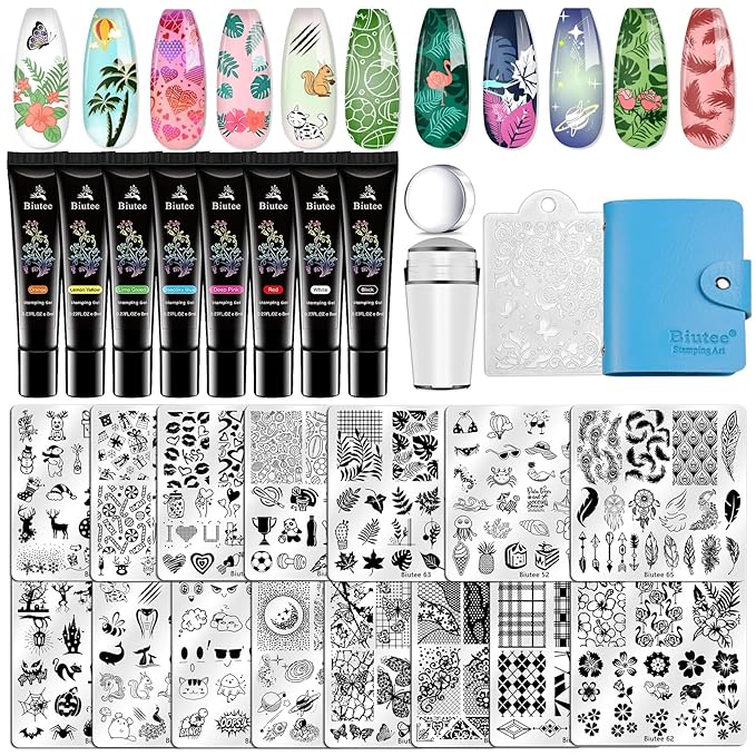 Biutee 15PCS Nail Art Stamping Plate 8 Nail Stamping Gel Polish Nail Stamping Kit Nail Stamper Scraper with Storage Bag, Lace Flower Butterfly Star Design Nail Stamp Template Kit for DIY Nail Art