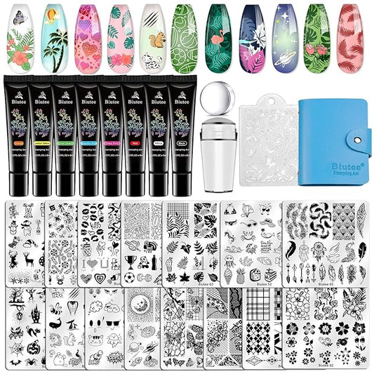 Biutee 15PCS Nail Art Stamping Plate 8 Nail Stamping Gel Polish Nail Stamping Kit Nail Stamper Scraper with Storage Bag, Lace Flower Butterfly Star Design Nail Stamp Template Kit for DIY Nail Art