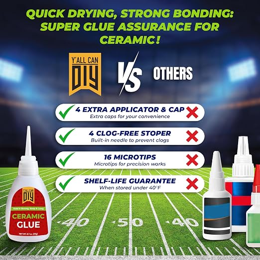 Y'allCanDiy Waterproof Super Glue for Ceramic 4 Pk x .7 Oz. (20g) - Ceramic Glue Repair for Pottery, No Smell After Cure. Best Cyanoacrylate Based Adhesive for China and Porcelain