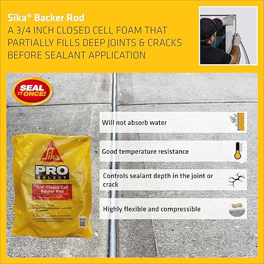 SIKA Closed Cell Foam Backer Rod, Gray, 3/4" Diameter x 20' Long, Water-Resistant Joint Filler for Sealant Application, Flexible and Durable for Cracks and Joints