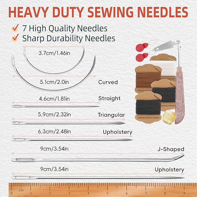 Upholstery Repair Kit: Extra Strong Waxed Sewing Thread 4 Rolls (3 Colors) &Heavy Duty Household Hand Needles (7 PCS) for Leather, Canvas, Bookbinding & Quilting Thread