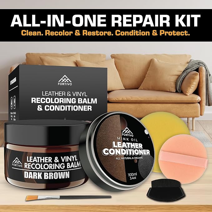 FORTIVO Leather Recoloring Balm with Mink Oil, Couch Repair Kit, Leather Dye and Restorer for Furniture