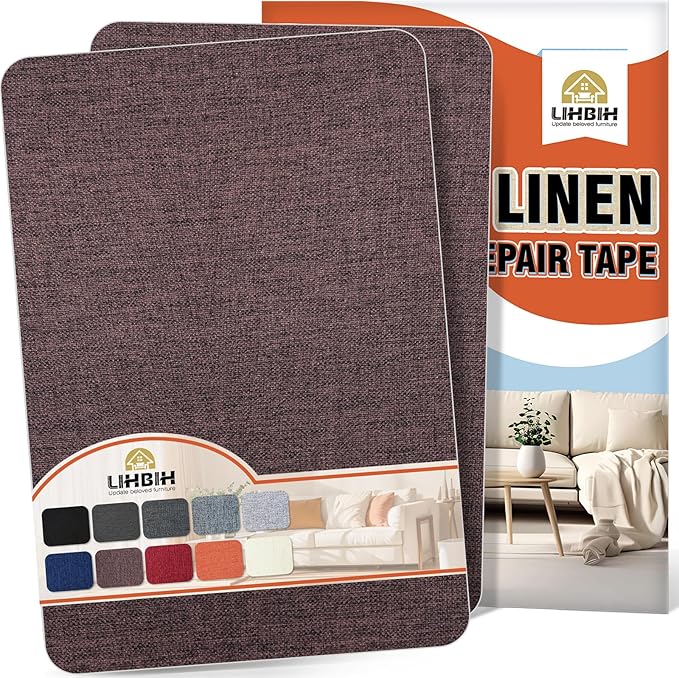 Linen Fabric Repair Tape 2 Pcs 8x12 Inch, Self Adhesive Couch Patch Repair Fabric Tape for Furniture, Linen Patch Kit for Couch, Carpet, Upholstery, Chair, Sofa, Cushion, Bag (Dark Brown)