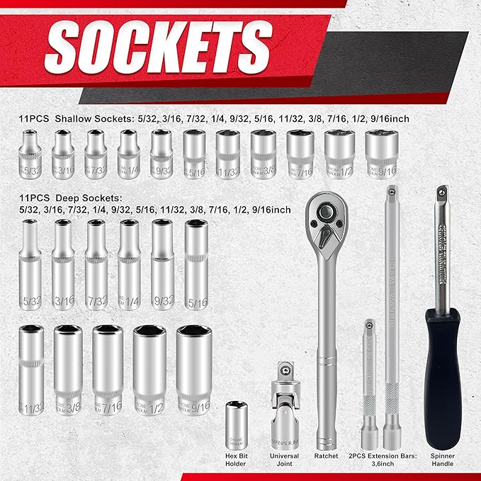EACELIY 28pcs 1/4" Drive Impact Socket Set,Drive Master Socket Set,SAE, Deep&Shallow with Universal Joint,Extension bar,Ratchet Wrench,Hex Bit Holder,Spinner Handle,6 Point,CR-V Steel,Mirror Chrome