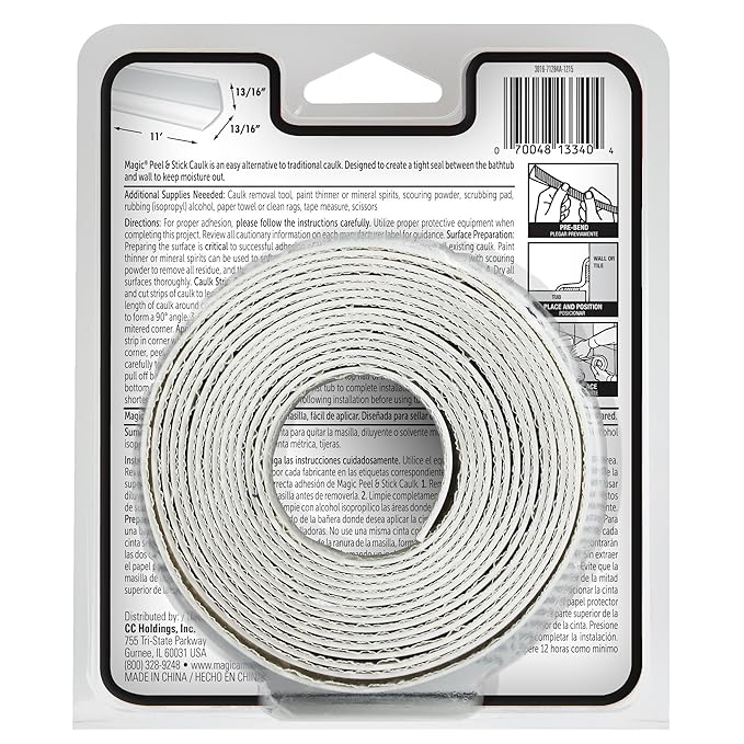 Magic Tub & Wall Peel and Caulk Strip - Create a Tight Seal Between The Bathtub and Wall to Keep Moisture Out - 1-5/8 Inch by 11 Feet - White (Pack of 6)