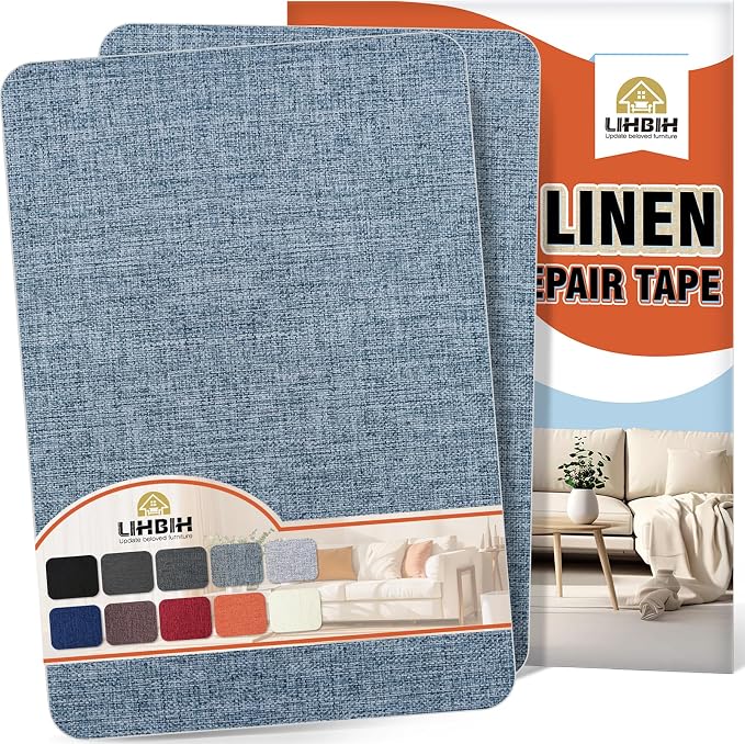 Linen Fabric Repair Tape 2 Pcs 8x12 Inch, Self Adhesive Couch Patch Repair Fabric Tape for Furniture, Linen Patch Kit for Couch, Carpet, Upholstery, Chair, Sofa, Cushion, Bag (Blue Grey)