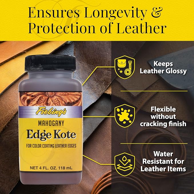 Fiebing's Edge Kote (4oz, Mahogany) - Leather Edge Paint for Shoes, Furniture, Purses, Couches, Belts - Flexible, Water Resistant, Semi Gloss Color Coating Leather Dye to Protect Natural Edges