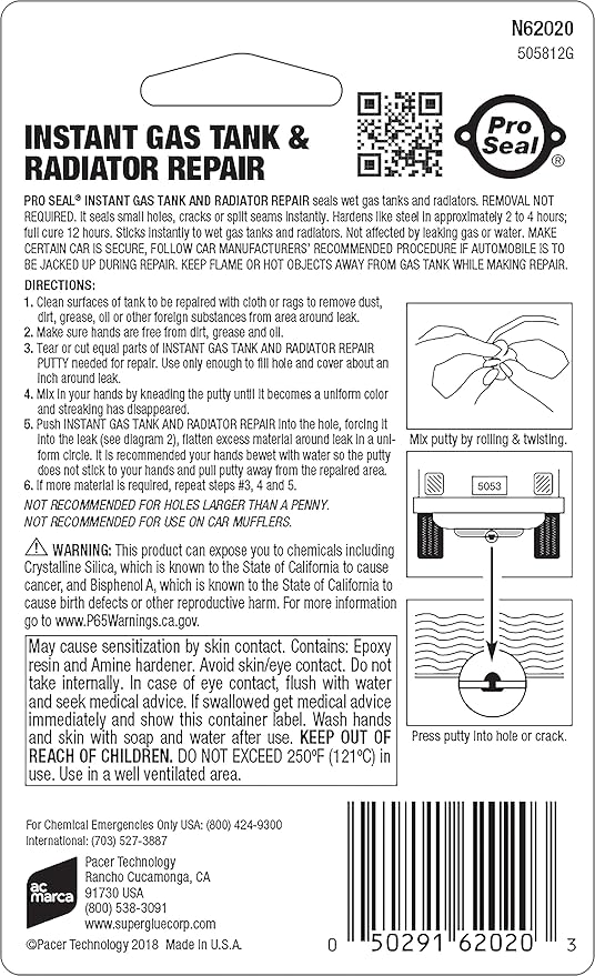 ProSeal Instant Gas Tank & Radiator Repair, 1 oz – Steel-Reinforced Epoxy Putty, Permanently Seals Small Holes, Cracks & Split Seams, Adheres to Wet Surfaces