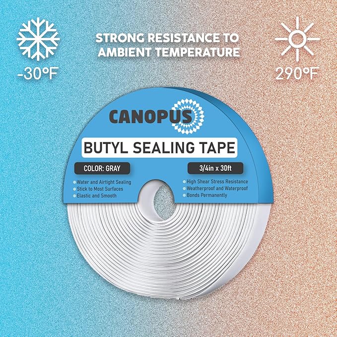 CANOPUS Butyl Seal Tape, Gray, 1/8-in x 3/4-in x 30-ft, Heavy Duty, Waterproof Sealant Putty Tape, Rubber Tape to Seal RV, Boat, Home Pipes and Car Windows Leaks
