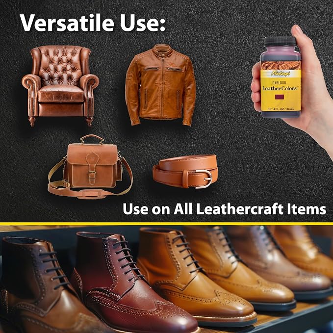 Fiebing's LeatherColors (4 Fl Oz, Oxblood) - Leather Dye for Natural Leather - Water-Based, Non-Flammable Formula - Permanent & Penetrating Color for Shoes, Boots, Furniture - Safe for Institution Use