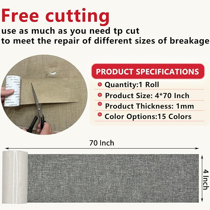 Gheeidau Linen Repair Tape 4x70 Inch Self-Adhesive Couch Patch Repair Fabric Patch for Furniture,Sofas,Cushion,Chairs,Bags,Linen Goods(Grey)