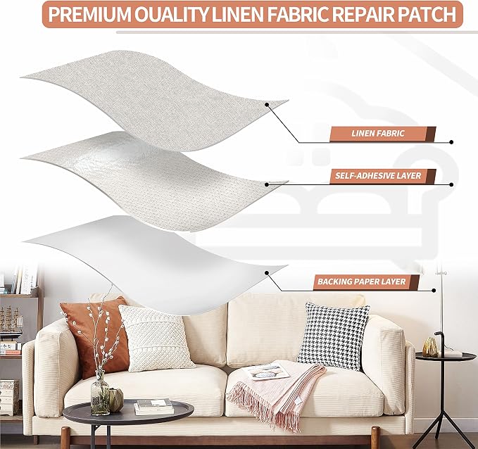 Fine Linen Fabric Patches, Self-Adhesive, Extra Large 12x40 Inch, Multi Color, for Sofa & Furniture Repair (Beige)