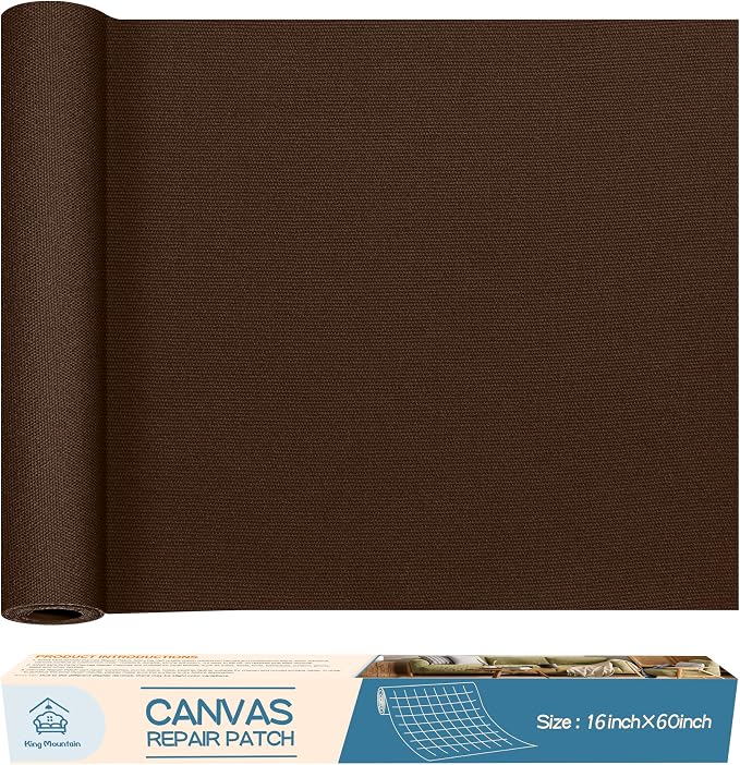 KING MOUNTAIN Canvas Repair Patch 16×60 Inch Self-Adhesive Waterproof Fabric Patch for Sofas, Tents, Furniture,Tote Bags, Car Seats (Dark Brown)