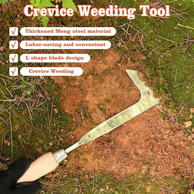 BokingOne 3-Sided Crevice Weeder - 12.6" Stainless Steel Garden Weeding Tool with Beech Handle, L-Shaped Crevice Weeder Sickle for Garden Lawn, Yard Patio Terrace, Paving Gaps