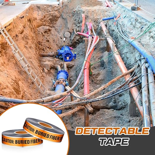 Pangda 2 Rolls "Caution Buried Fiber Optic Line Below" 2 Inch x 1000 Feet Detectable Safety Tape 5 Mil Underground Detectable Warning Tape for Construction Sites Road Repairs Caution