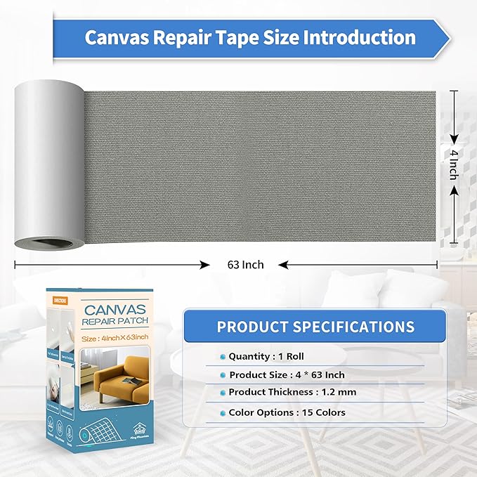 KING MOUNTAIN Canvas Repair Tape,Outdoor Gear Patch, 4×63 Inches,Waterproof,Self-Adhesive for Repairing Boat Covers,Sun Shades,Sofas,Tents,Lounge Chairs,Awnings (Light Grey-1)