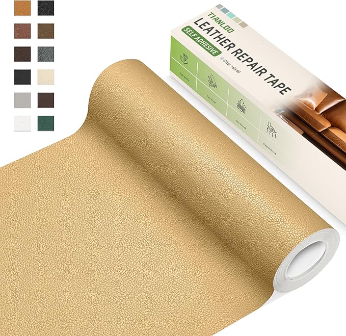 TIANLDD Leather Repair Tape,16 x 80 Inches Self Adhesive Leather Repair Patch，Leather Repair Kit for Furniture，Couches,Car Seats,Cabinets,Handbags(Khaki-Litchi Grain)