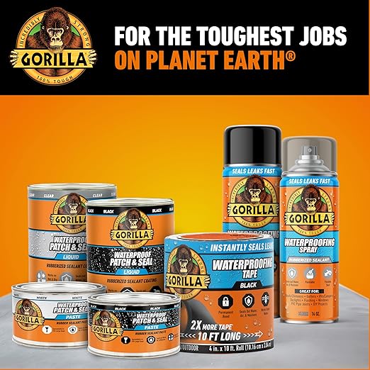 Gorilla Waterproofing Tape, Black, 4" x 10' (Pack of 2) - Permanent Weather Resistant Seal for Leaks and Repairs