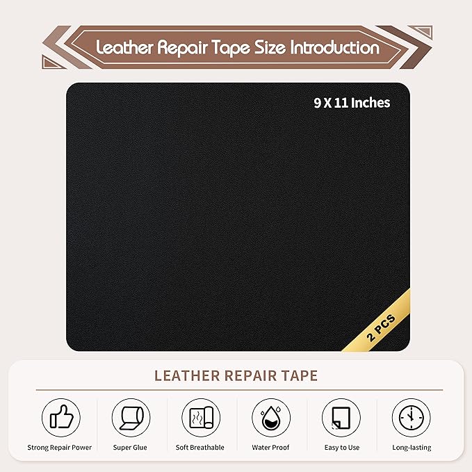 KING MOUNTAIN Leather Repair Patch,2 Packs 9 x 11 Inches self Adhesive Leather Repair Tape for Damaged Leather Furniture, Sofa Seating,Car Seats, Leather Goods（Fine Grained Black）