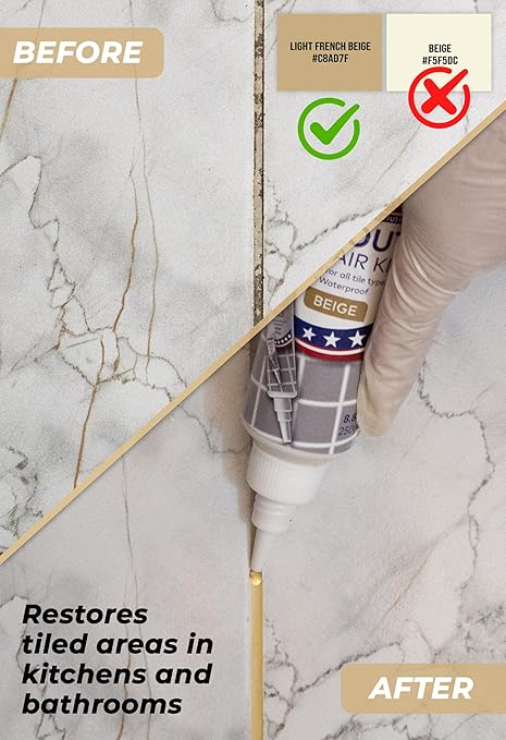 Tile Grout Repair, Beige and Cream 8.8 oz/250gr. Fast Drying Grout Repair Kit, Grout Filler Tube Repair Kit, Tile Grout Paint, Grout Sealer Restore and Renew Bathroom Floor, Tile Gaps, Joints, Lines