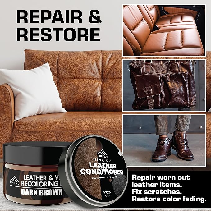 FORTIVO Leather Recoloring Balm with Mink Oil, Couch Repair Kit, Leather Dye and Restorer for Furniture - Camel