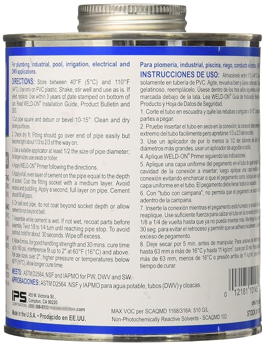 Weld-On 10145 717 PVC Heavy Bodied High Strength Solvent Cement - Medium Setting and Low-VOC, Gray, 1 Quart (32 fl oz)