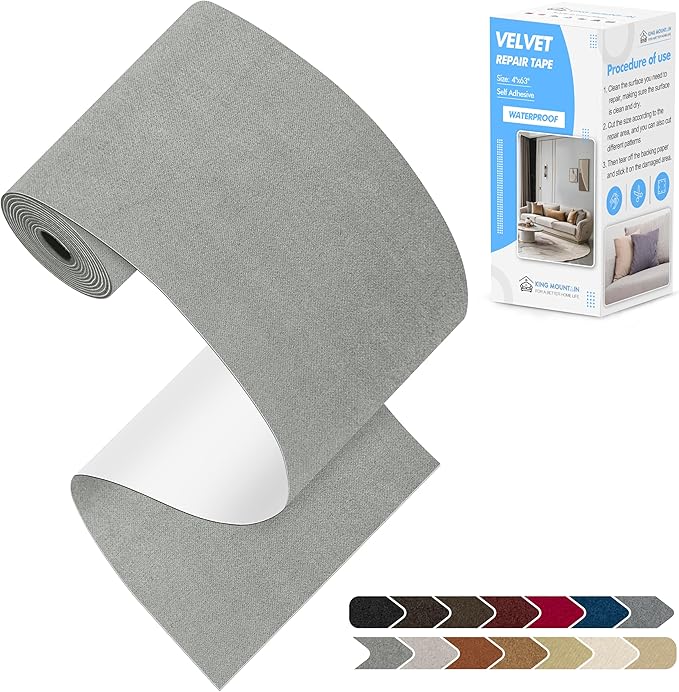 KING MOUNTAIN Couch Fabric Repair Patch, Fabric Patches for Furniture, 4" x 63" Waterproof Velvet Repair Tape for Sofas, Car Seats, Furniture, Upholstery Fabrics and Velvet Goods. （Grey2.0）