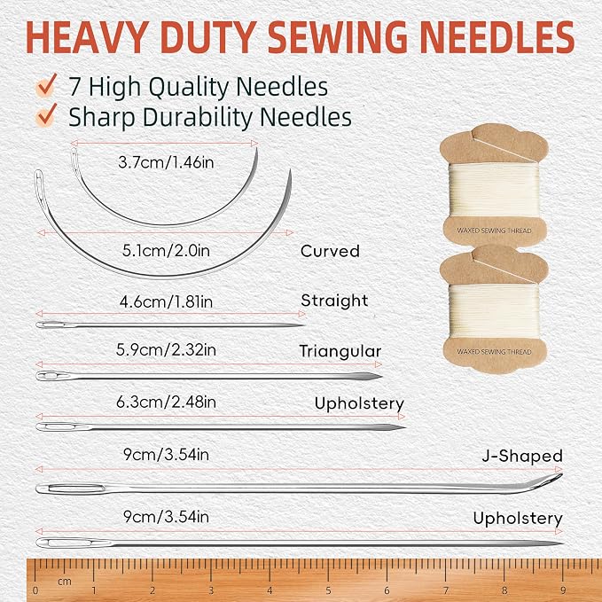Upholstery Repair Kit: Extra Strong Waxed Sewing Thread 2 Rolls (Beige Color) &Heavy Duty Household Hand Needles (7 PCS) for Leather, Canvas, Bookbinding & Quilting Thread