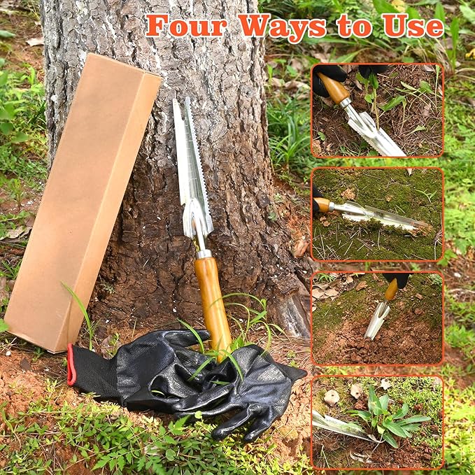 BokingOne 5-in-1 Stainless Steel Hand Weeder Puller Tool & Dandelion Fork Knife - Hand Weed Removal Tool for Weeding, Planting, Transplanting, Soil Cultivating & Flower Care（13.8-inches