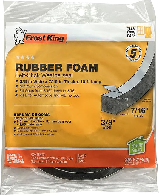 Frost King R738H Self-Stick Foam Rubber Foal Weatherseal, 3/8" W, 7/16" T, 10 ft L, Black