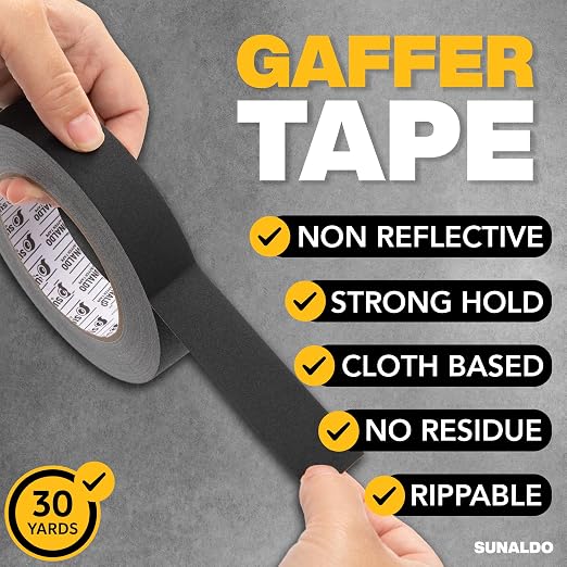 Gaffers Tape Heavy Duty, Easy to Rip, Residue-Free Professional Grade Floor Tape for Electrical Cords, Matte Finish Non Reflective, Weather Resistant (1, Black, 1" x 30 Yards)