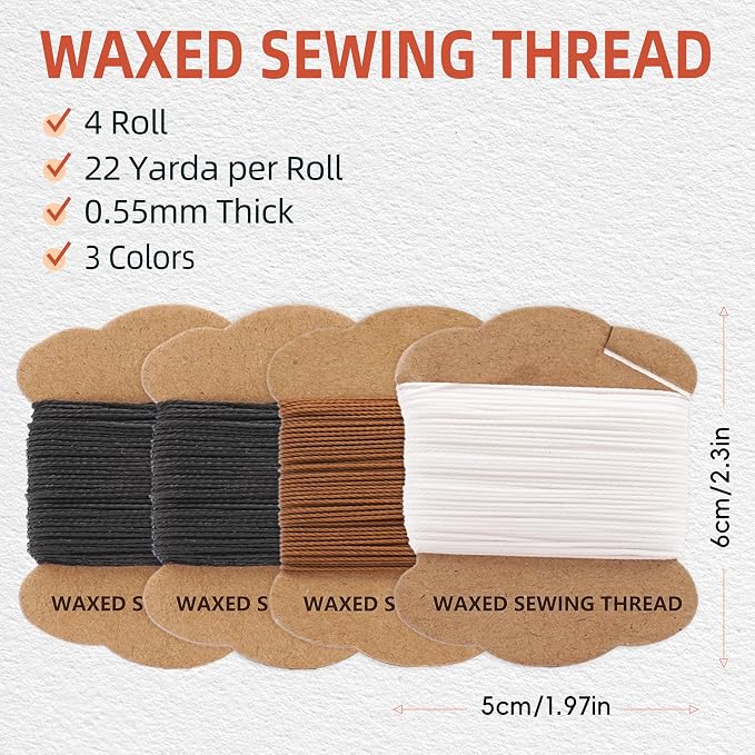 Upholstery Repair Kit: Extra Strong Waxed Sewing Thread 4 Rolls (3 Colors) &Heavy Duty Household Hand Needles (7 PCS) for Leather, Canvas, Bookbinding & Quilting Thread