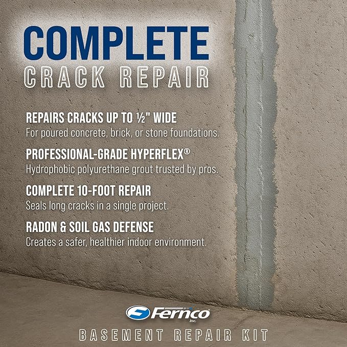 Fernco 10 ft Basement and Foundation Wall Crack Repair Kit Leak Stop and Radon Gas Protection Pro Kit