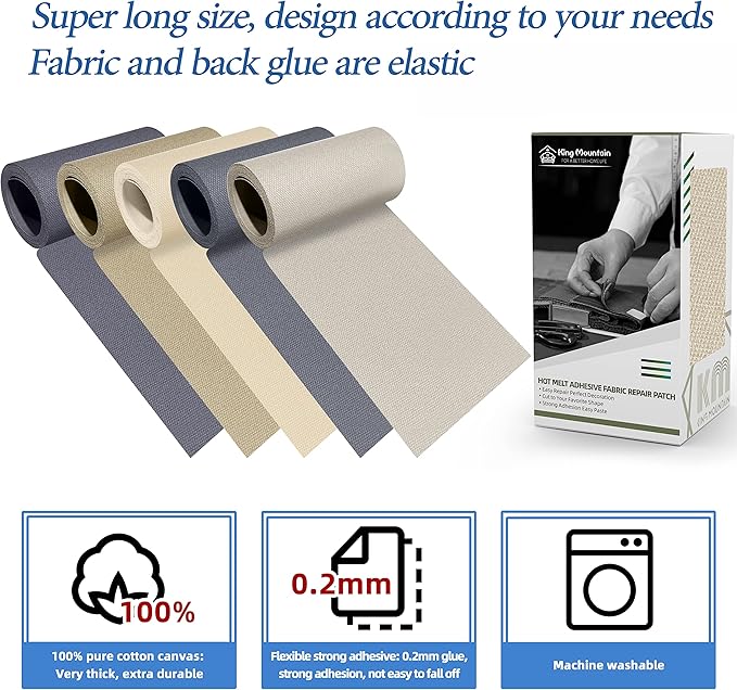 KING MOUNTAIN Canvas Iron on Patch,3"×60",Waterproof 100% Cotton Fabric Repair Patch,Used for Various Sofa,Tent,Clothes,Seats,Suitcases (Beige2.0)