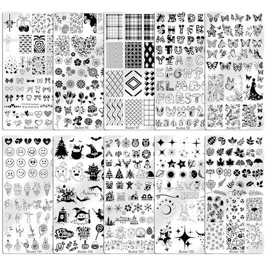Biutee 10PCS Nail Art Stamping Plates Set Nail Stamper Kit with Nail Stamper Scraper and Storage Bag, Nail Stamp Plate Butterfly Starry Sky Flower Bowknot Design Nail Stamping Kit