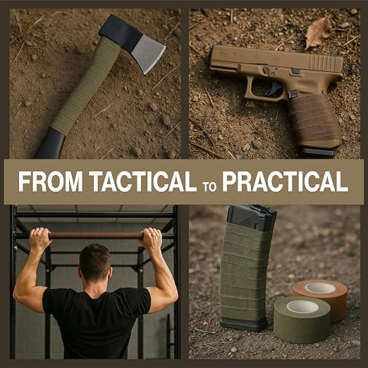 Thunder Tape Tactical Grip Tape – 2 Roll Camo Pack (Green & Brown) – Gun Grip Tape for Rifle, Firearm, Knife Handle, Magazine, Tool, Bow, Camping Gear – 1” x 66 Ft – Non-Reflective, Weather-Resistant