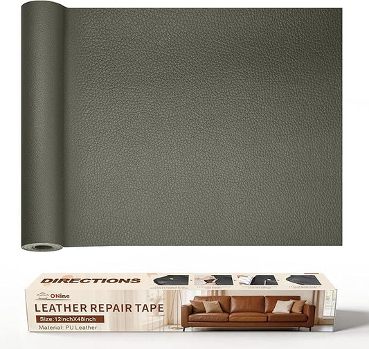 ONine Leather Repair Patch，Leather Repair Tape, 12 x 48 inches Leather Repair Patch for Furniture,Vinyl Repair Kit，Leather Couch Patch，for Sofas, Furniture, Car Seats, Office Chairs(Grey-Litchi Grain)