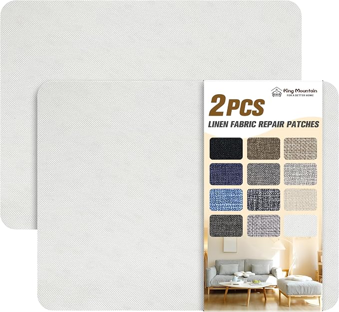 KING MOUNTAIN Fine Linen Repair Patches, Self-Adhesive Linen Fabric Patches, 8X11 inch 2 PCS, Multi Color, Can be Used for Linen Sofa Repair and Linen Clothes Repair(White)