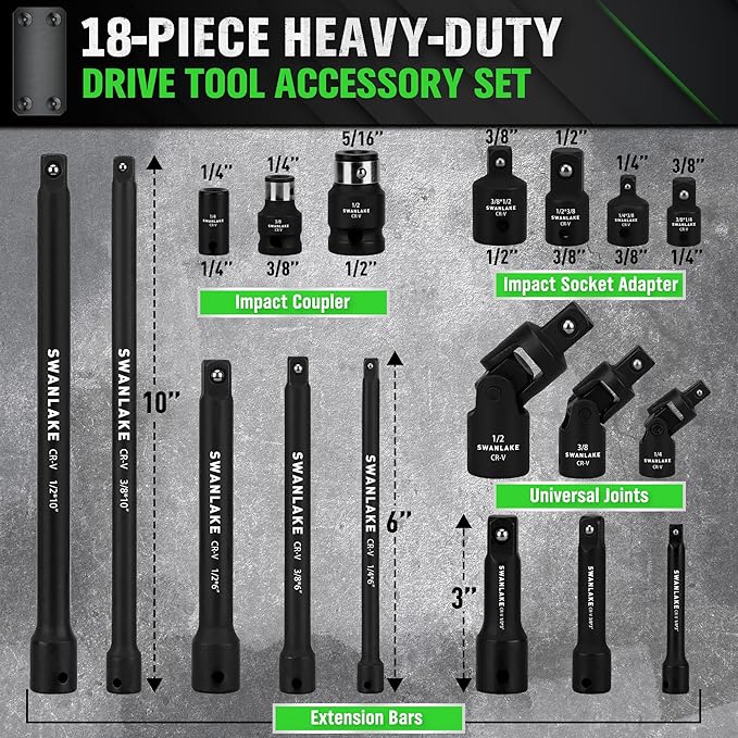 18-piece Impact Socket Extension Set Tools, Swivel Universal Joint, Deep 1/4", 3/8", 1/2" Drive Socket Adapter, Extension Bar, 3 Ratchet Coupler, CR-V Steel Alloy Corrosion-Resistant Mechanic Tools