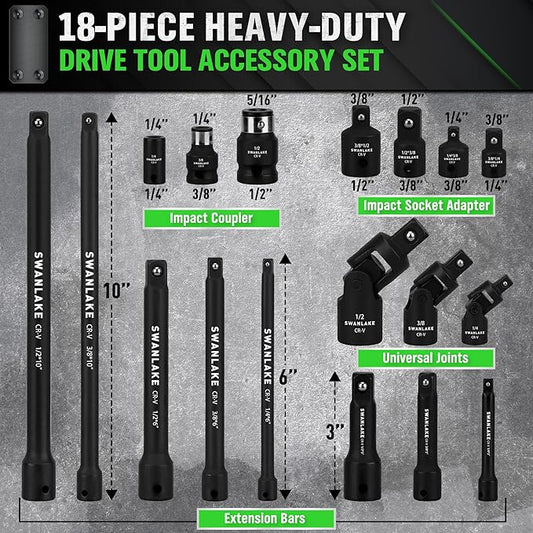 18-piece Impact Socket Extension Set Tools, Swivel Universal Joint, Deep 1/4", 3/8", 1/2" Drive Socket Adapter, Extension Bar, 3 Ratchet Coupler, CR-V Steel Alloy Corrosion-Resistant Mechanic Tools