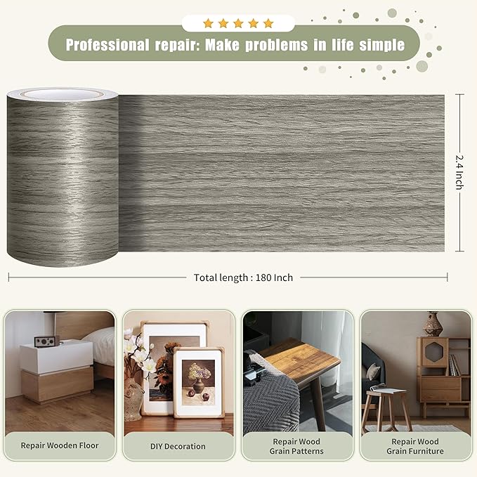 Besezx Wood Grain Tape, 2.4" X15', Self Adhesive Wood Grain Repair Patch for Tables, Chairs, DIY,Baseboards, Doors, Windows, Floors and Furniture Renovation.（Gray）
