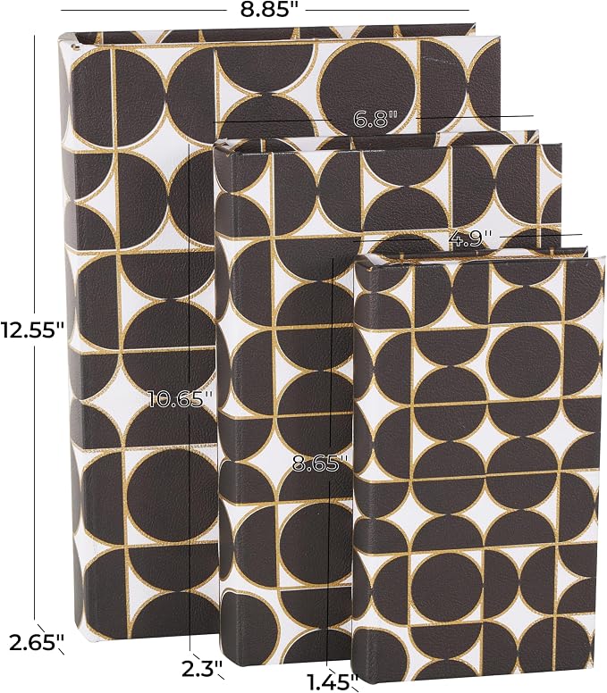 Deco 79 Faux Leather Decorative Box Faux Book Storage Book Shaped Boxes with White and Gold Geometric Patterns, Set of 3 Decorative Keepsake Boxes 13", 11", 9"H, Black