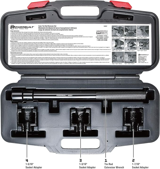 Powerbuilt Inner Tie Rod Remover Tool Kit – Fits Ford, GM, Chrysler Rack, and Pinion – Includes 1-5/16", 1-3/16", 1-7/16" Socket Adapters, Extension Bar, and Case – 648607