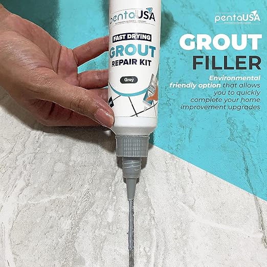 PentaUSA Tile Grout Repair Kit - Premixed Acrylic Sanded Grout for Bathroom, Shower & Kitchen, Water-Resistant Tube with Applicator, Fills Cracks and Gaps in Lines - Gray (8.8oz/250gr)